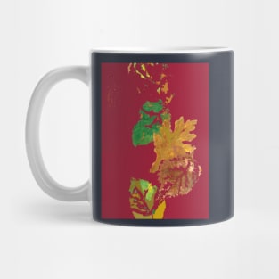 Four Autumn Leaves, dark red background Mug